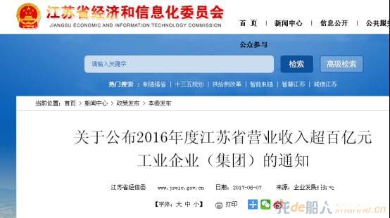扬子江船业、新时代造船入围2016年度江苏省超百亿企业