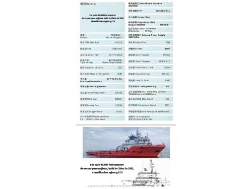 For sale: 10,600 horsepower three-purpose tugboat, built in China in 2013, classification agency CCS图2