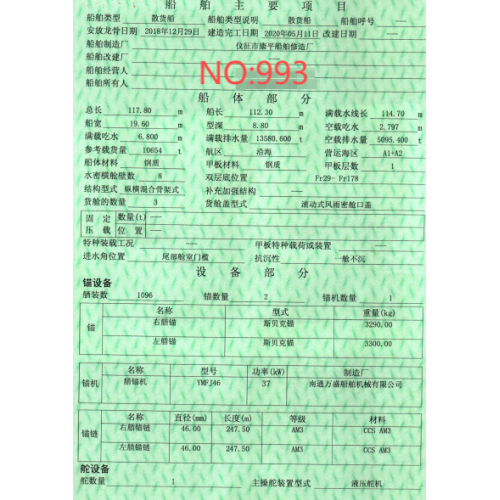 出售编号993 20年10654吨散货船